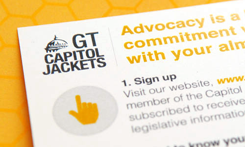 close up photo of Capitol Jackets logo on an info card